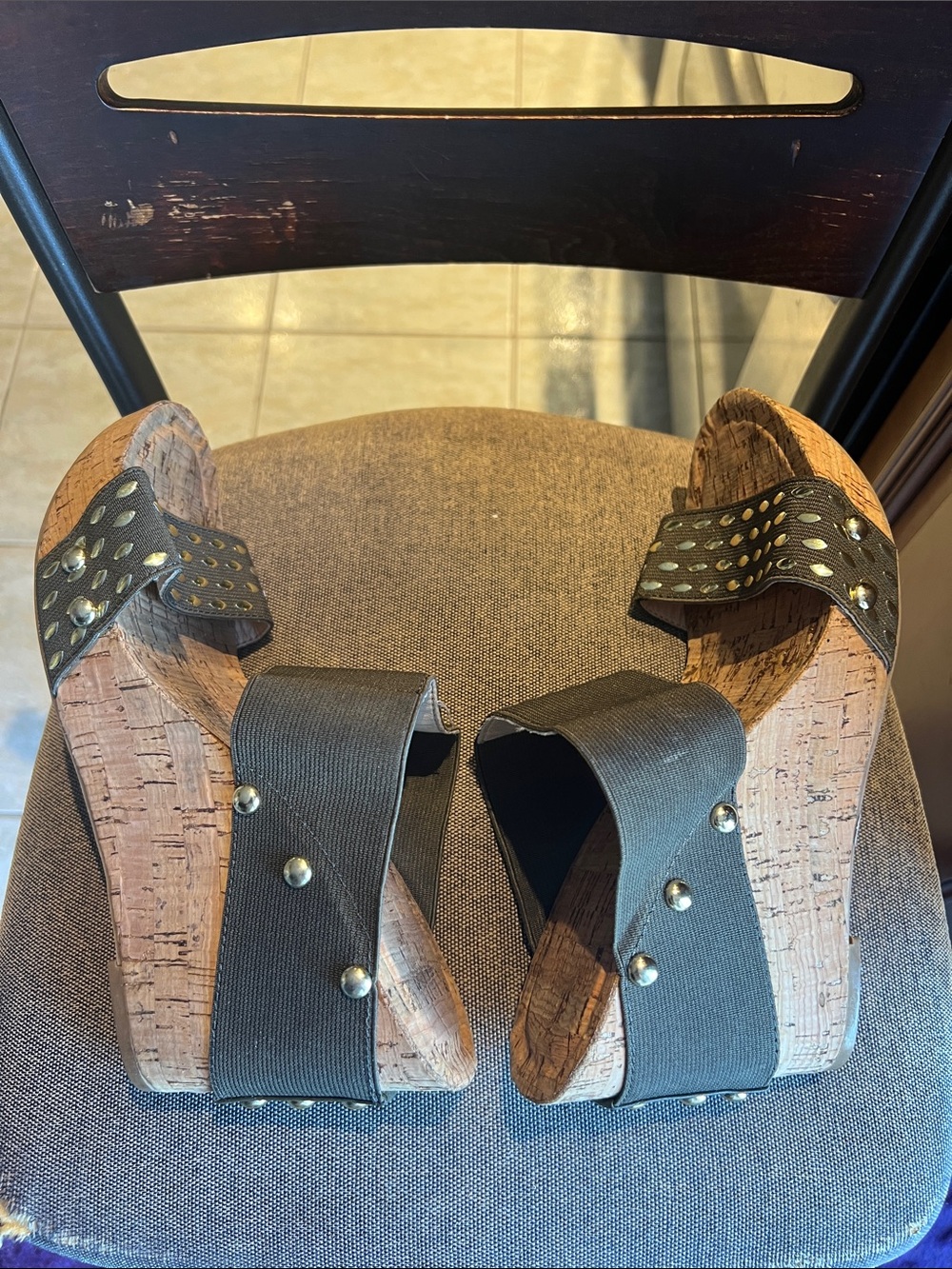 Women’s Olive Green Cork Slide Sandals with Stud Detail - Picture 6 of 7